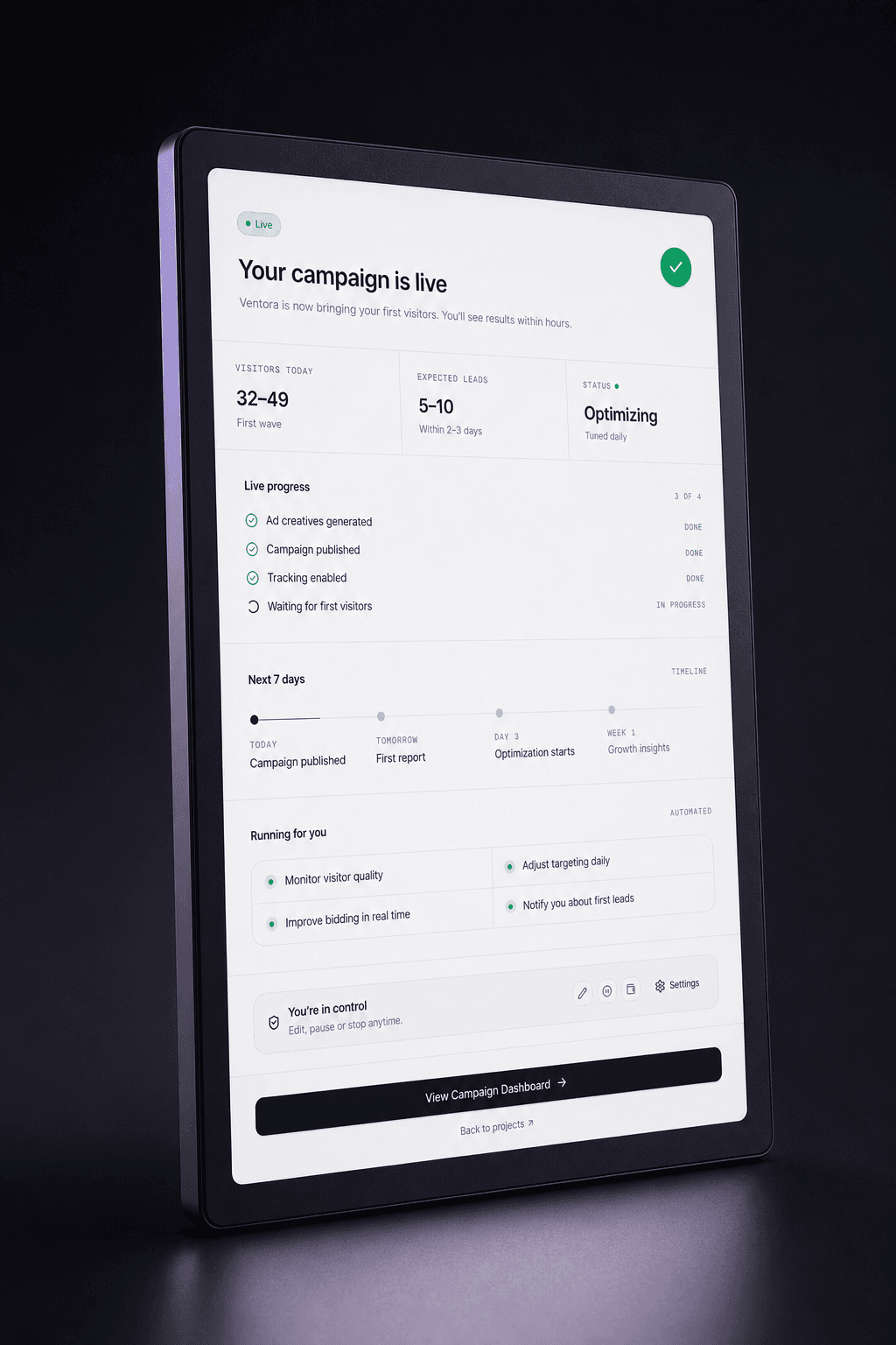 Ventora campaign live screen presented in a graphite display without browser chrome