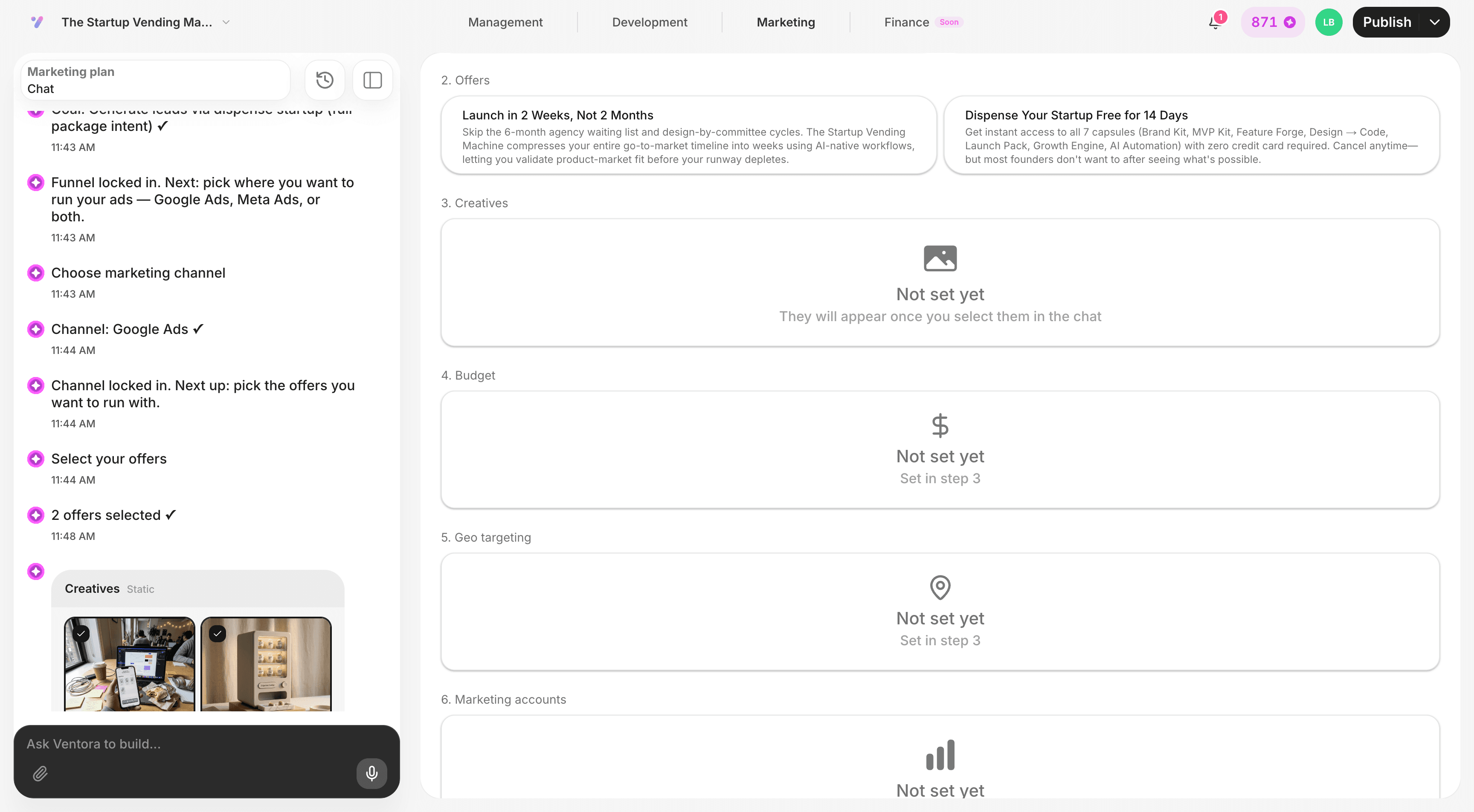 Earlier Ventora marketing flow with a chat panel and mostly empty campaign settings