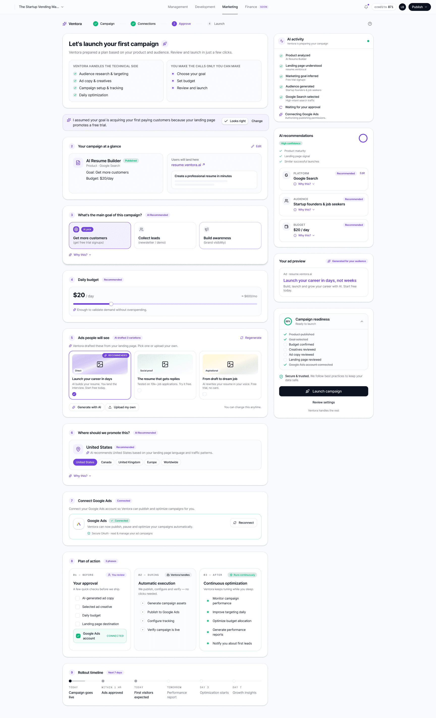 Ventora campaign review with a prepared plan, AI recommendations, and readiness checklist