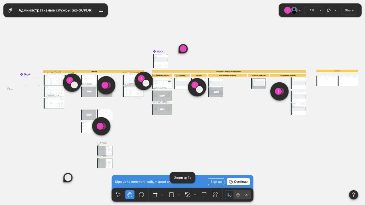 Figma working board showing connected administrative service screens and flows